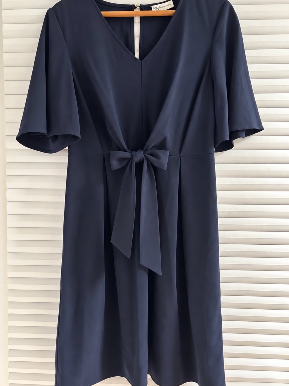 Neiman Marcus Navy V-Neck Midi Dress with Waist Tie